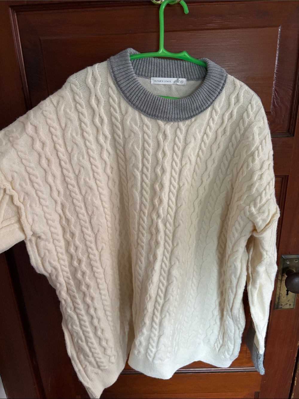 Altar'd State Cream Cable Knit Crewneck with Gray Trim